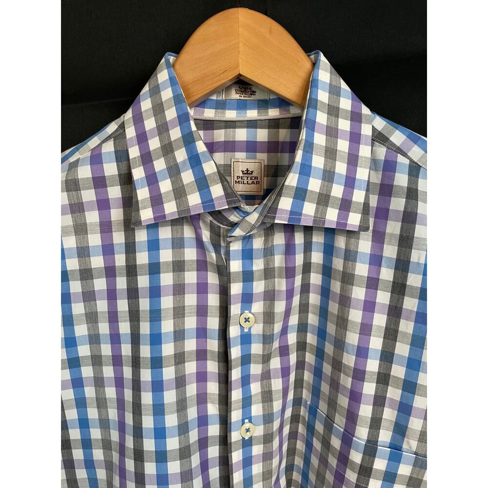 Peter Millar Mens Large Plaid Button Down Shirt Blue Purple Gray Cotton USA